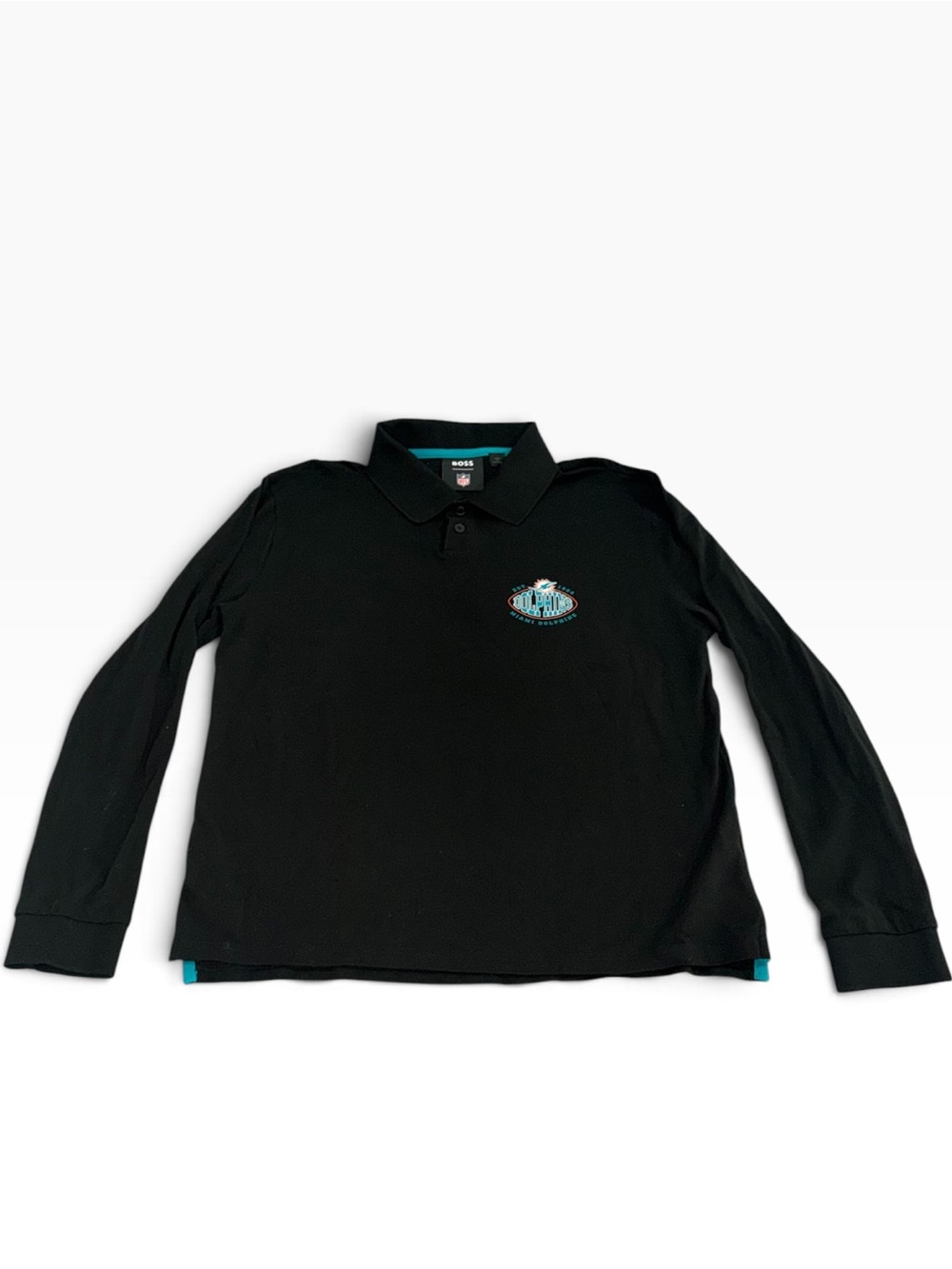 BOSS NFL Black Polo with Miami Dolphins Teal Accent Logo